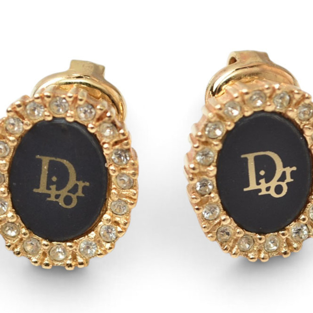 Christian Dior Earrings, Circle Motif, Rhinestone, Black and Gold